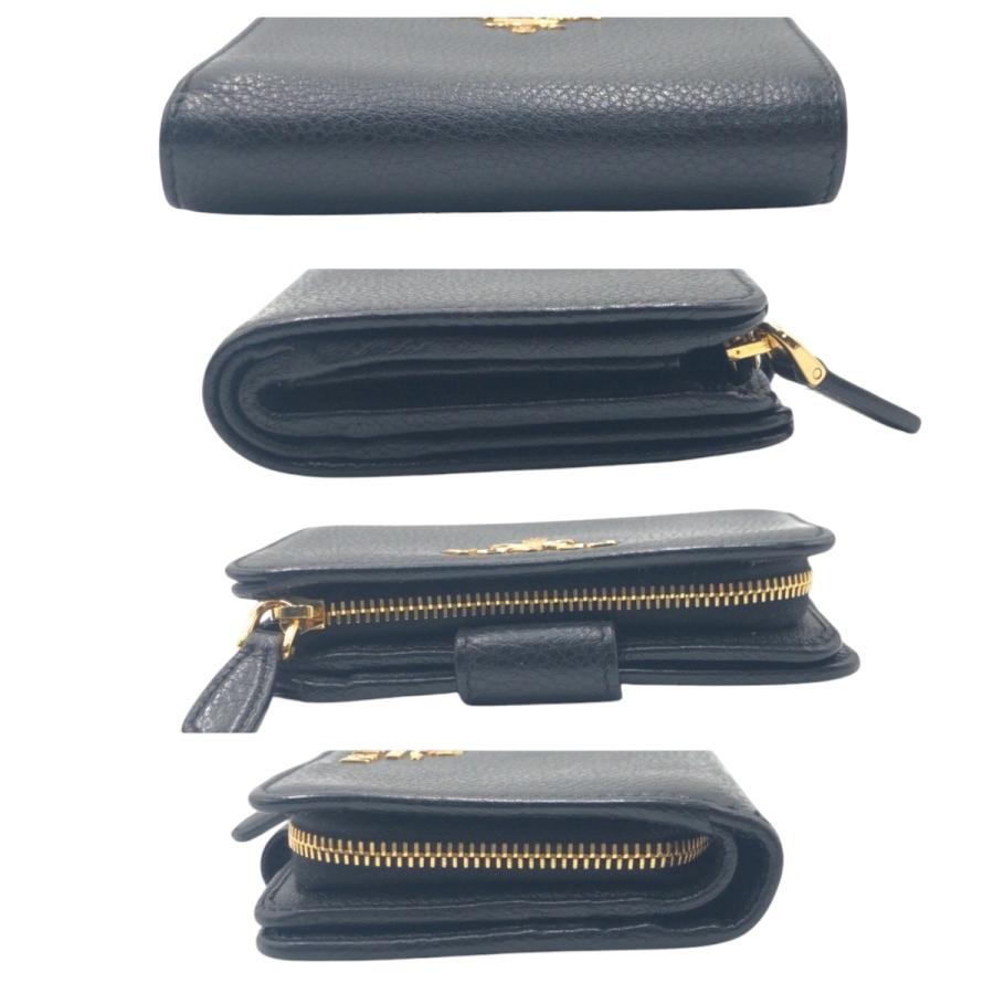 PRADA 美品 プラダ ブラック 黒 ゴールド レザー 二つ折り財布 折財布 