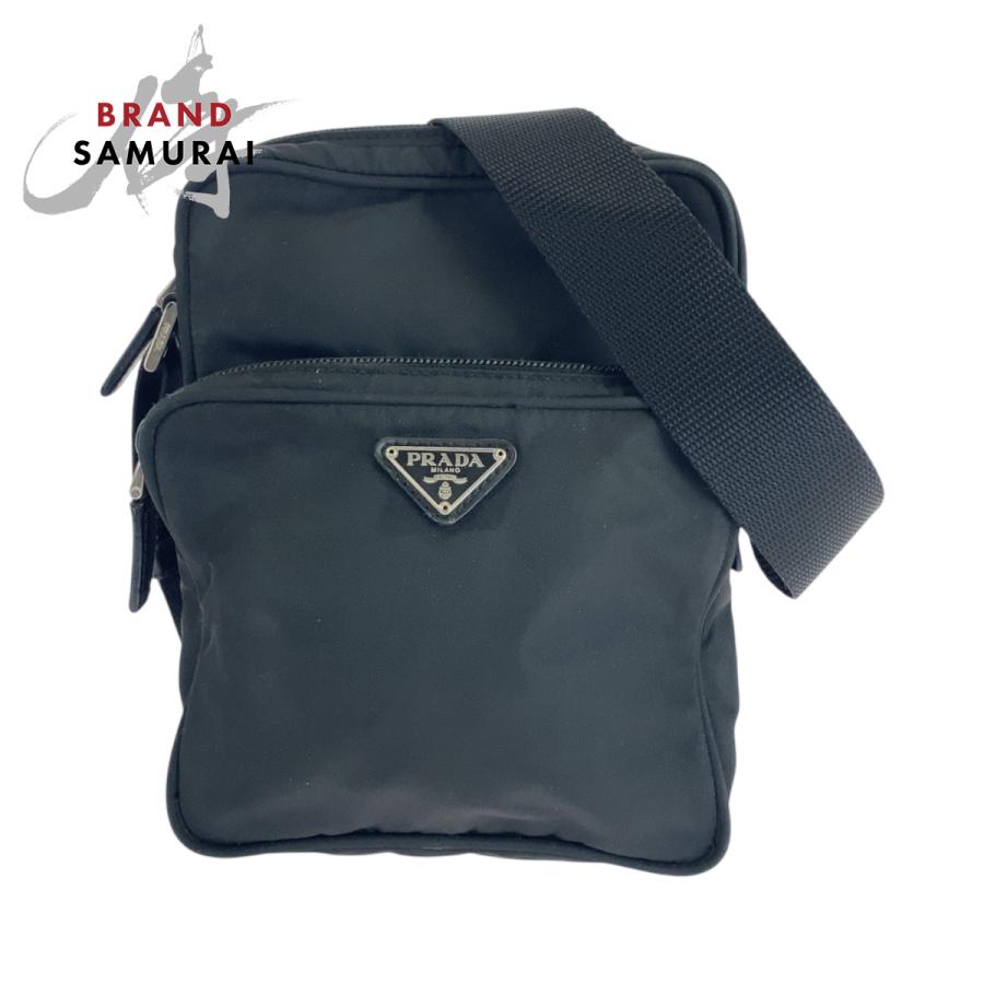 PRADA プラダ　ショルダーバッグ　三角ロゴプレート　シルバー金具テスート PRADA 美品 プラダ テスート 三角ロゴプレート ブラック 黒 シルバー
