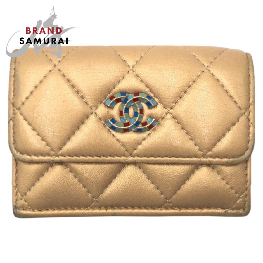 CHANEL シャネル マトラッセ ココマーク ゴールド レザー 三つ折り財布 折財布 コンパクトウォレット レディース 502173 【中古】 CHANEL（シャネル） マトラッセ ココマーク ゴールド レザー 三つ折り