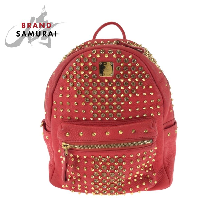 MCM（エムシーエム） 美品 エム シー エム スタッズ レッド ゴールド 