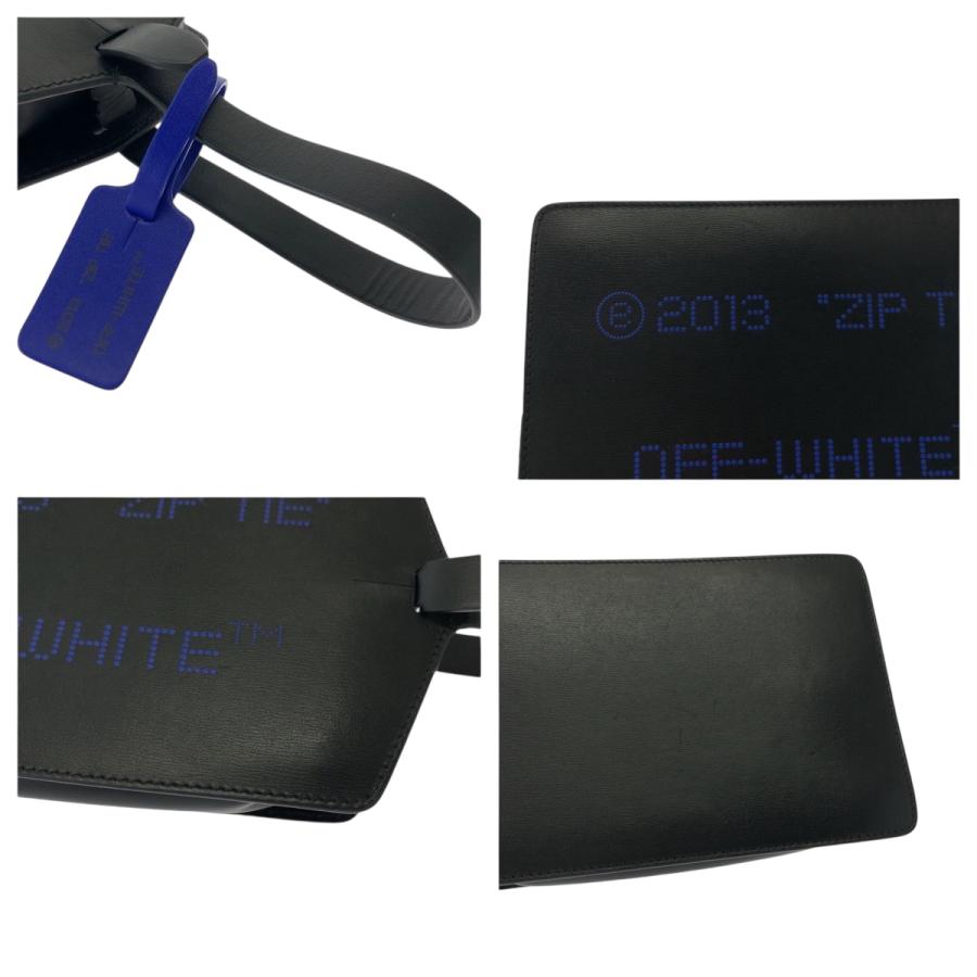 美品 OFF-WHITE オフホワイト ネームタグ ブラック 黒 ブルー ゴールド金具 レザー クラッチバッグ ハンドバッグ メンズ 503250
