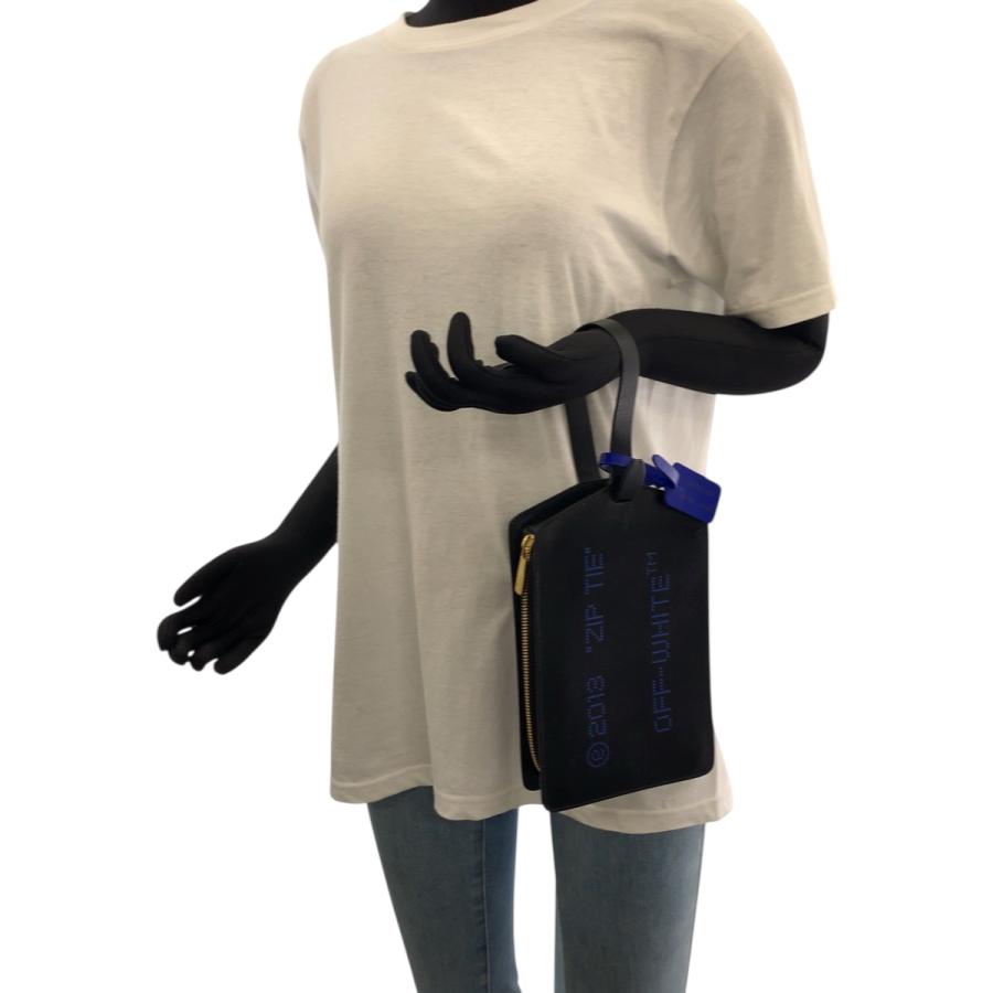 美品 OFF-WHITE オフホワイト ネームタグ ブラック 黒 ブルー ゴールド金具 レザー クラッチバッグ ハンドバッグ メンズ 503250