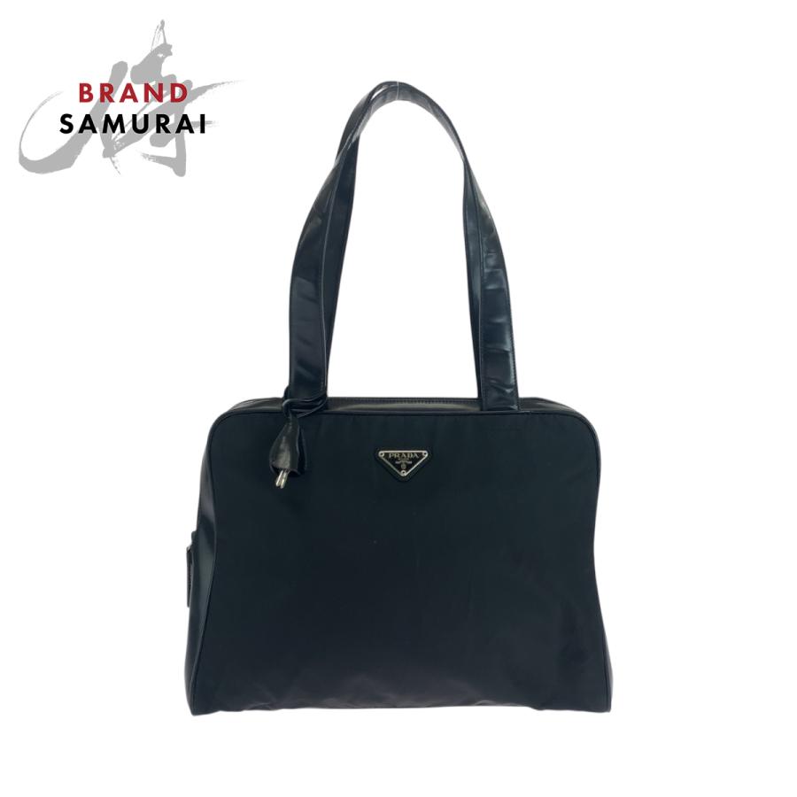 美品 プラダ PRADA ナイロン トートバッグ ブラック 三角ロゴ シルバー
