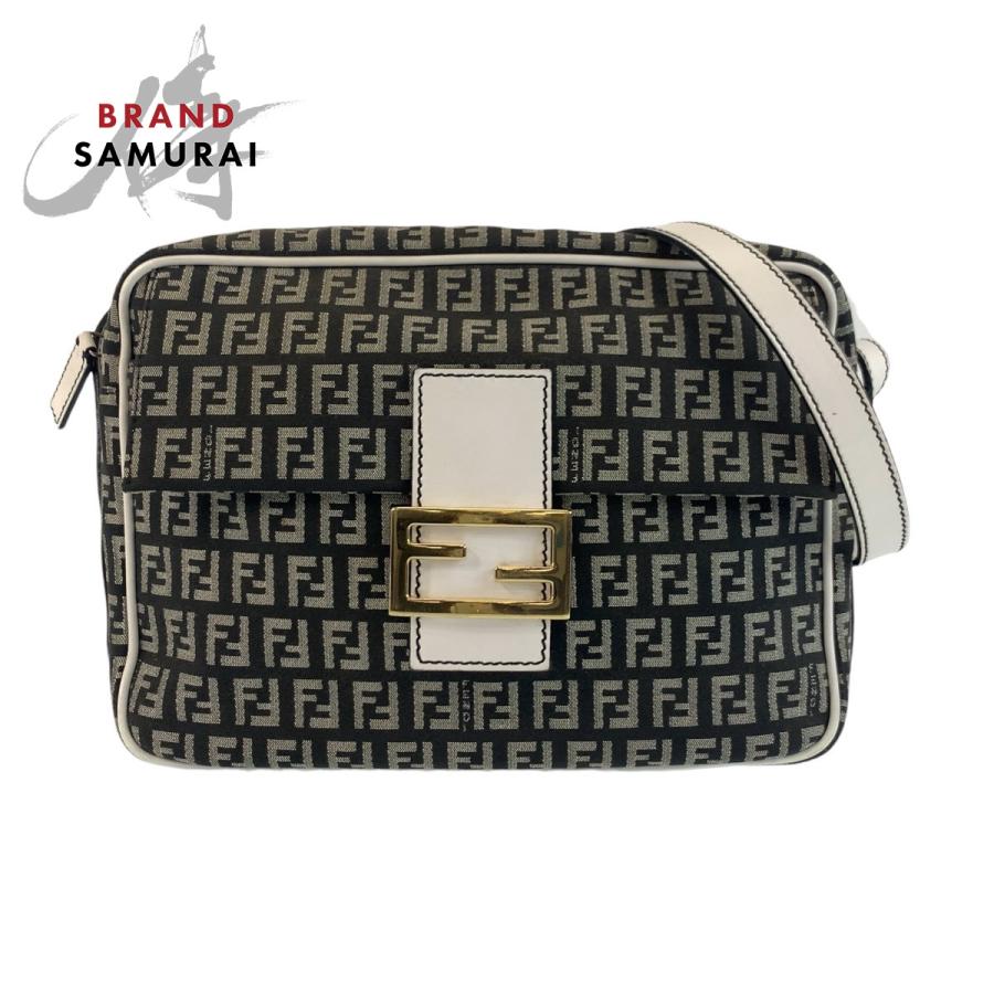 美品 FENDI フェンディ ズッキーノ マンマ ブラック 黒 ホワイト ゴールド金具 キャンバス/レザー ショルダーバッグ ポシェット 503550 | FENDI