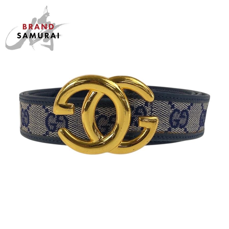 【美品】グッチ ベルトGGキャンバス レザー インターロッキング ネイビー GUCCI グッチ ヴィンテージ オールドグッチ インターロッキング