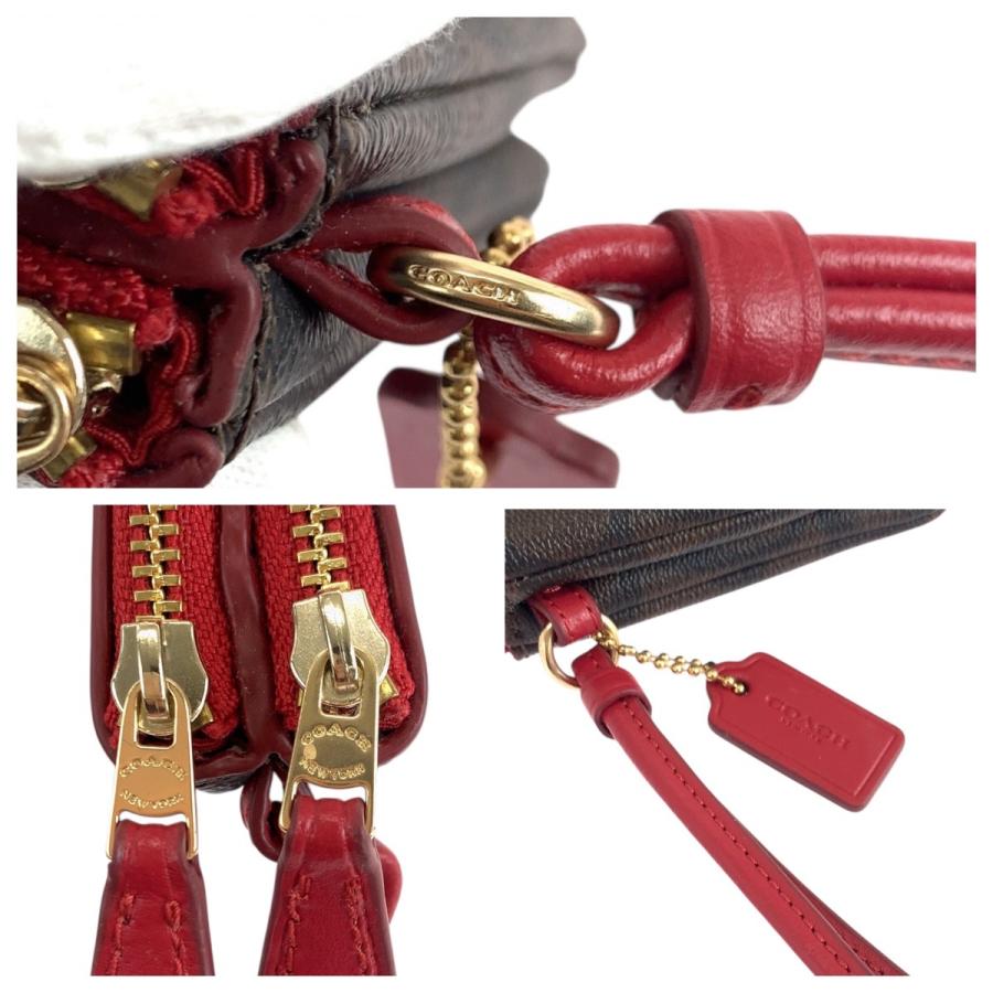 美品 COACH コーチ シグネチャー ブラウン レッド ゴールド金具 PVC/レザー F87591 ポーチ 小物入れ レディース 504222 | COACH | 05