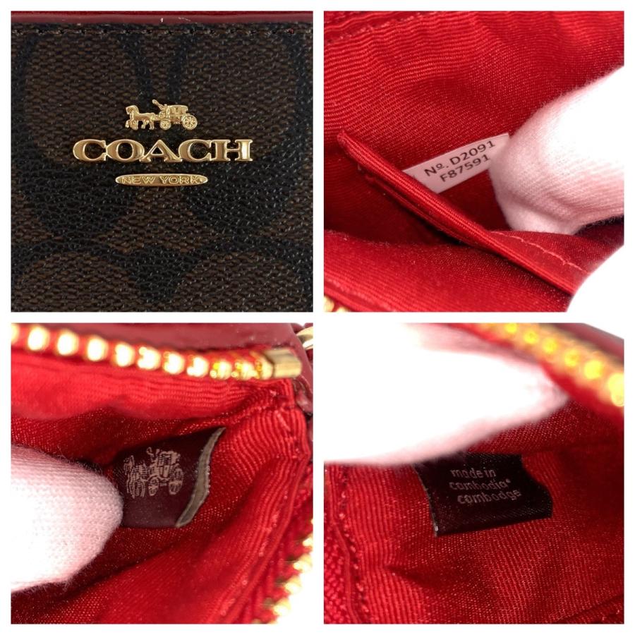 美品 COACH コーチ シグネチャー ブラウン レッド ゴールド金具 PVC/レザー F87591 ポーチ 小物入れ レディース 504222 | COACH | 06