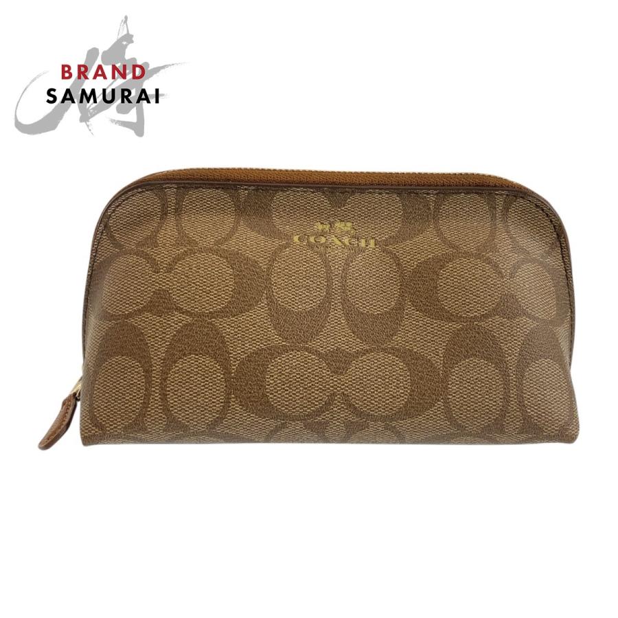 美品 COACH コーチ シグネチャー ベージュ キャメル ゴールド金具 PVC F53385 ポーチ 化粧ポーチ レディース 504229 | COACH
