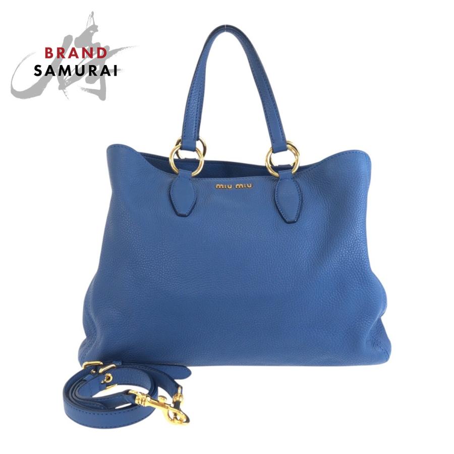 美品 MIUMIU ミュウミュウ ヴィッテロカリブ ブルー ゴールド金具 レザー トートバッグ ショルダーバッグ 2WAY レディース 504441 | miu miu