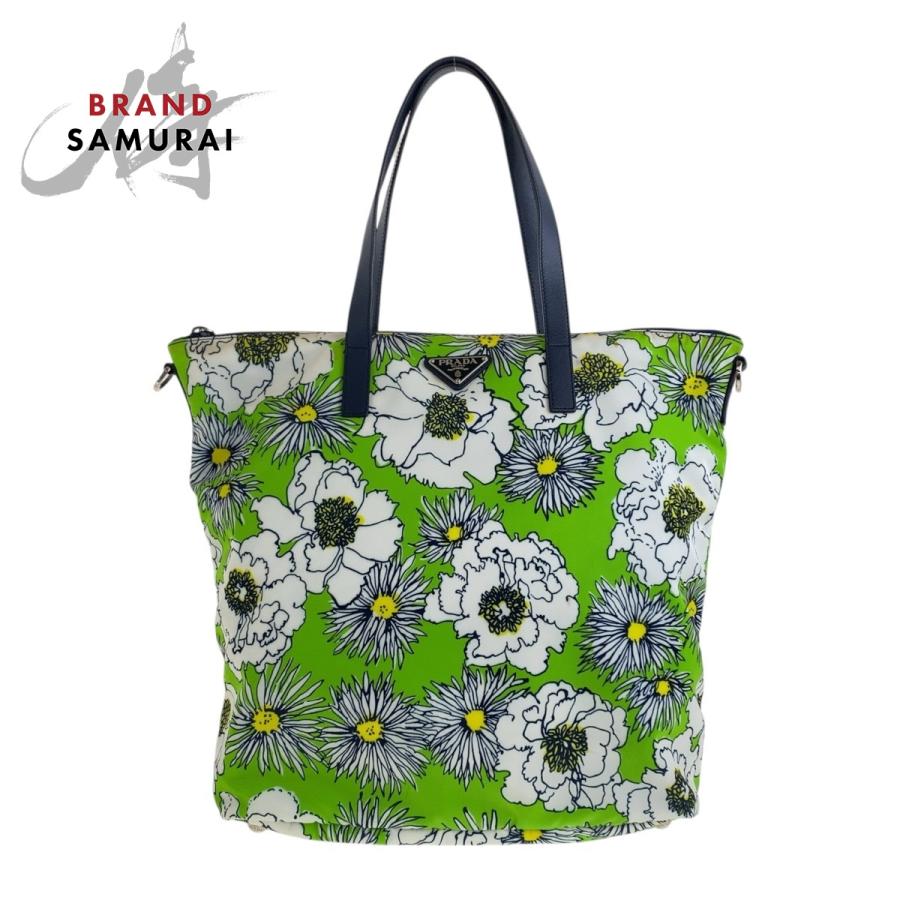 PRADA トートバッグハンドバッグ三角ロゴプレートグリーンナイロン