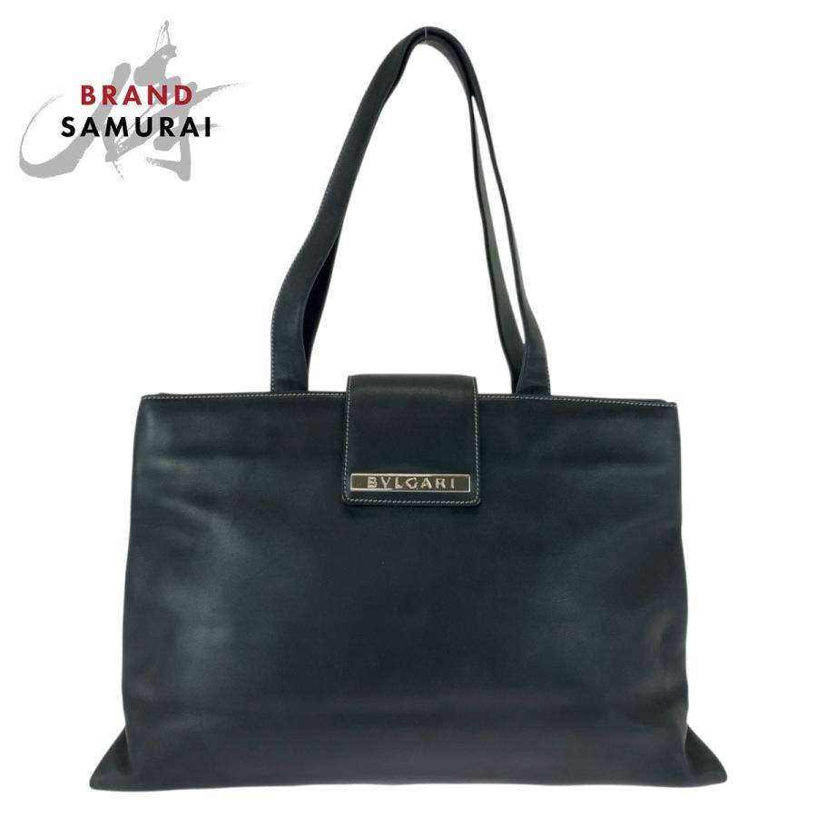 美品 BVLGARI ブルガリ ロゴプレート ブラック 黒 シルバー金具 レザー トートバッグ ショルダーバッグ レディース 505389 | BVLGARI