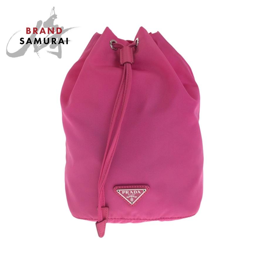 美品 PRADA プラダ テスート 三角ロゴプレート ピンク シルバー金具 ナイロン 1NE369  ポーチ 巾着 レディース 505474 | PRADA