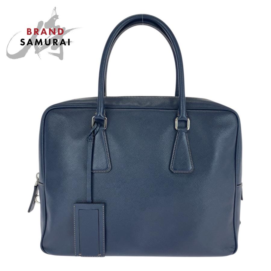 美品 PRADA ビジネスバッグ サフィアーノレザー PRADA（プラダ） 美品 サフィアーノ ネイビー シルバー金具 レザー