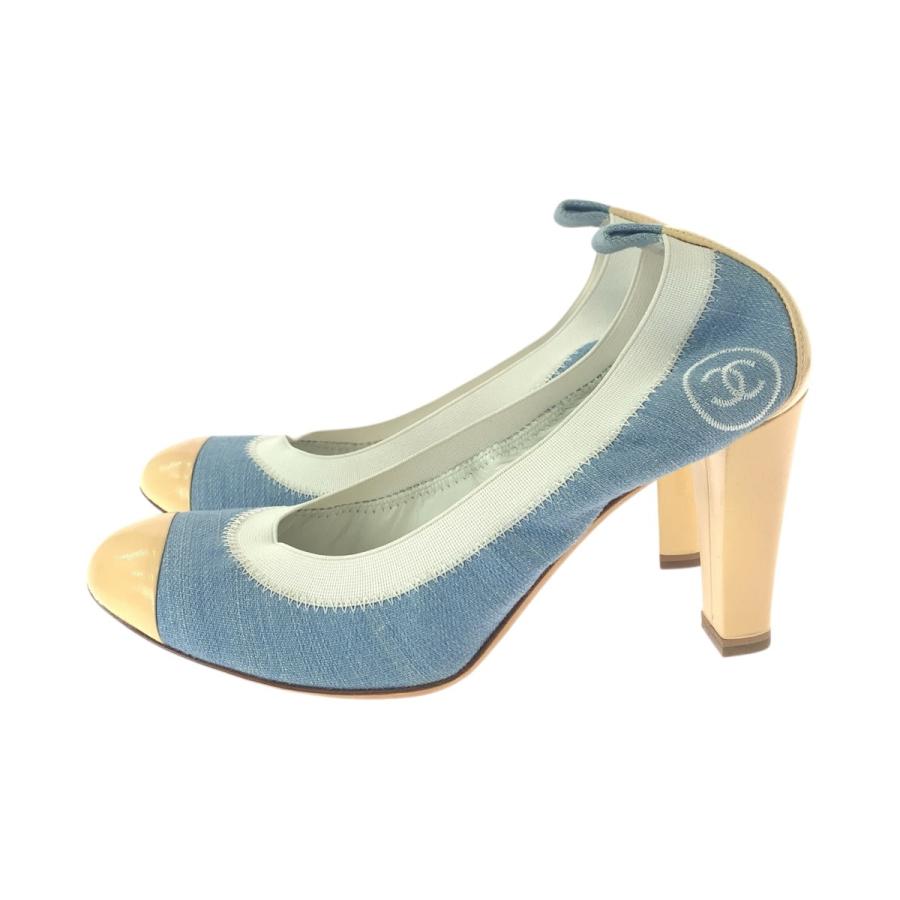 美品 CHANEL シャネル ココマーク サイズ37C ブルー デニム ベージュ デニム/パテントレザー パンプス ハイヒール レディース 505996_4