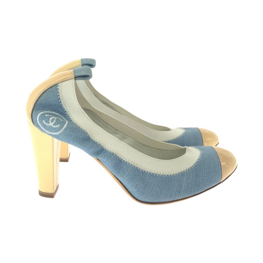 美品 CHANEL シャネル ココマーク サイズ37C ブルー デニム ベージュ デニム/パテントレザー パンプス ハイヒール レディース 505996_5