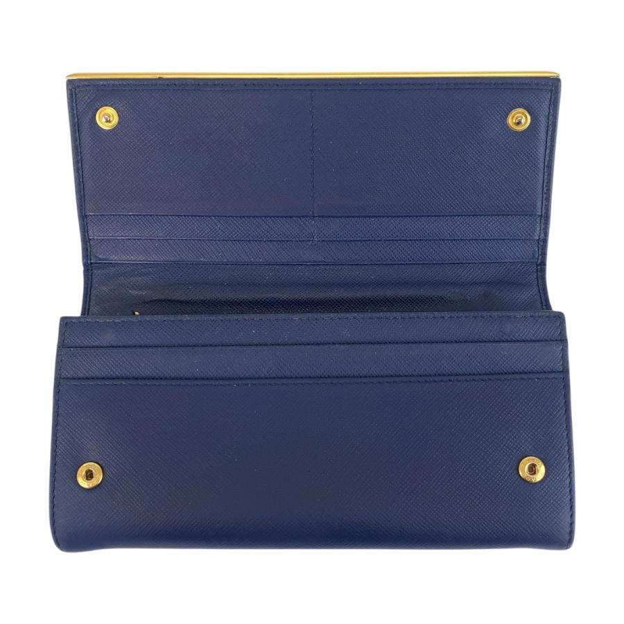 美品✨プラダ サフィアーノレザー 本革 ゴールド金具 長財布 ネイビー PRADA（プラダ） サフィアーノ ブルー ゴールド金具 レザー 長財布