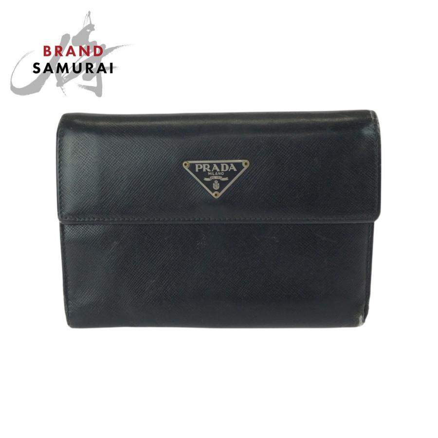 PRADA プラダ サフィアーノ 三角ロゴプレート ブラック 黒 シルバー金具 レザー 折財布 コンパクトウォレット レディース 506552 | PRADA