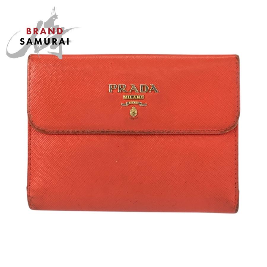 PRADA プラダ ロゴ オレンジ ゴールド金具 レザー 折財布 コンパクトウォレット レディース 506554 | PRADA