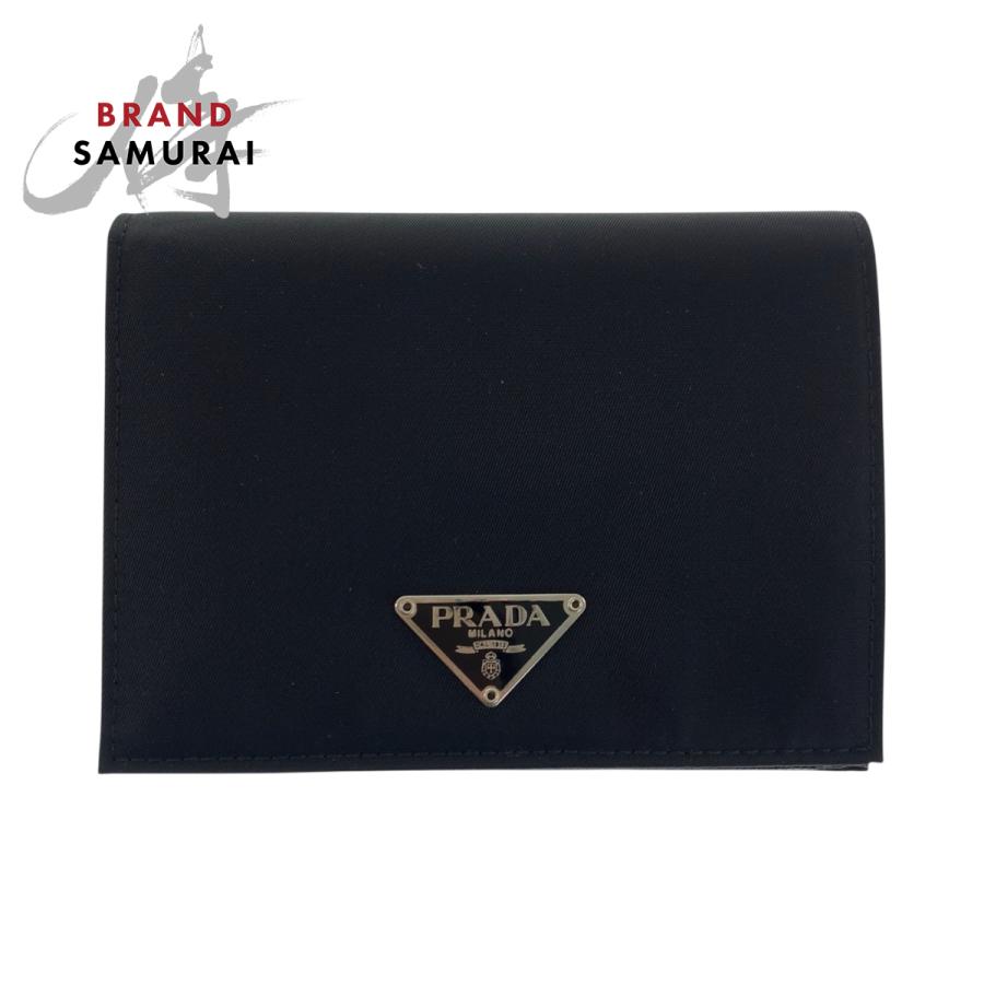 美品 PRADA プラダ テスート サフィアーノ 三角ロゴプレート ブラック シルバー金具 ナイロン/レザー 折財布 コンパクトウォレット 600074 | PRADA
