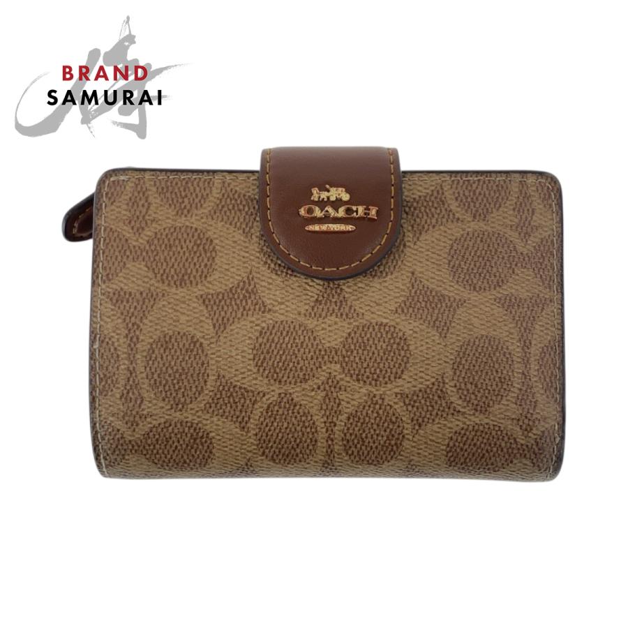 COACH コーチ シグネチャー ベージュ ブラウン ゴールド金具 PVC/レザー 折財布 コンパクトウォレット レディース 600489 | COACH