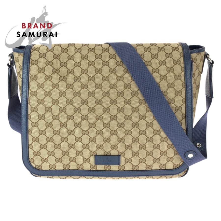 美品 GUCCI グッチ ベージュ ブルー シルバー金具 GGキャンバス /レザー 510340 ショルダーバッグ メッセンジャーバッグ メンズ 601109 【中古】 GUCCI（グッチ） 美品 ベージュ ブルー シルバー金具 GGキャンバス