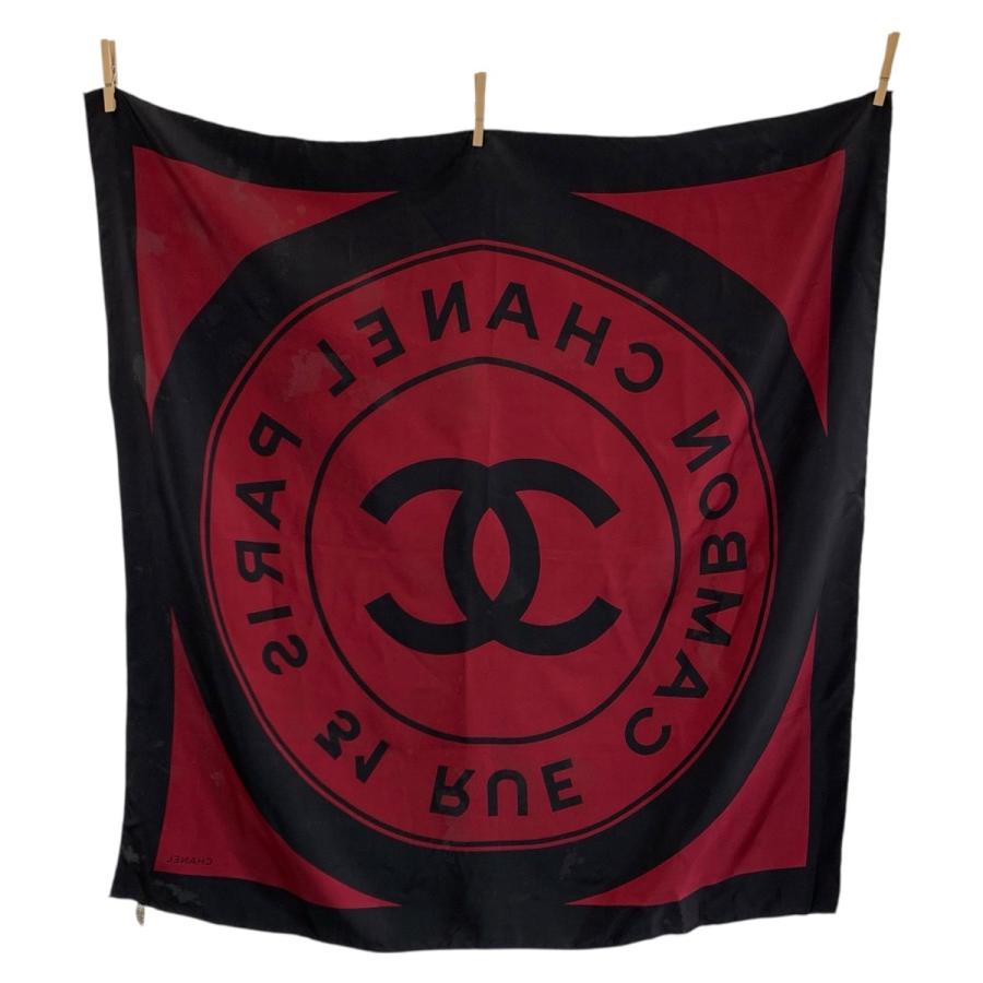 CHANEL シャネル ヴィンテージ 31 RUE CAMBON ココマーク ワインレッド ブラック シルク スカーフ レディース 601230_1