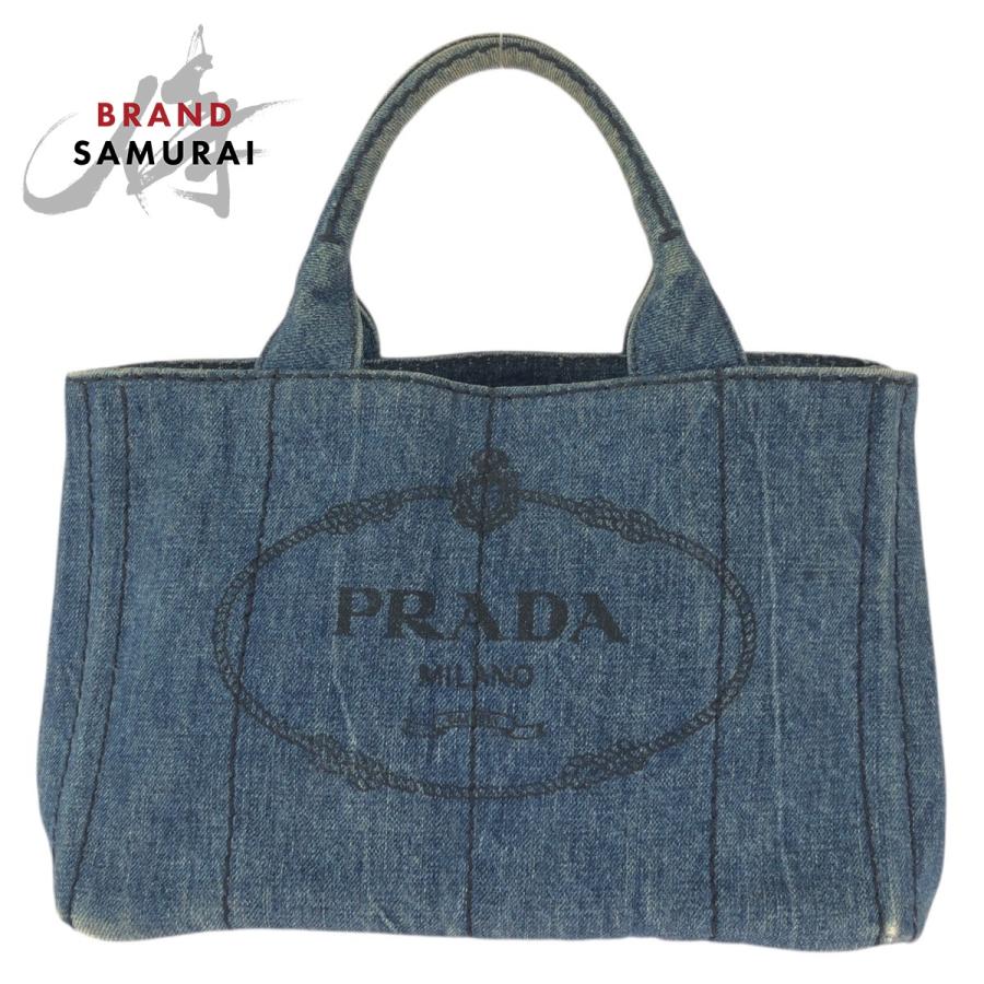 PRADA プラダ カナパ 三角ロゴプレート ブルー ゴールド金具 デニム トートバッグ ハンドバッグ レディース 601547 | PRADA