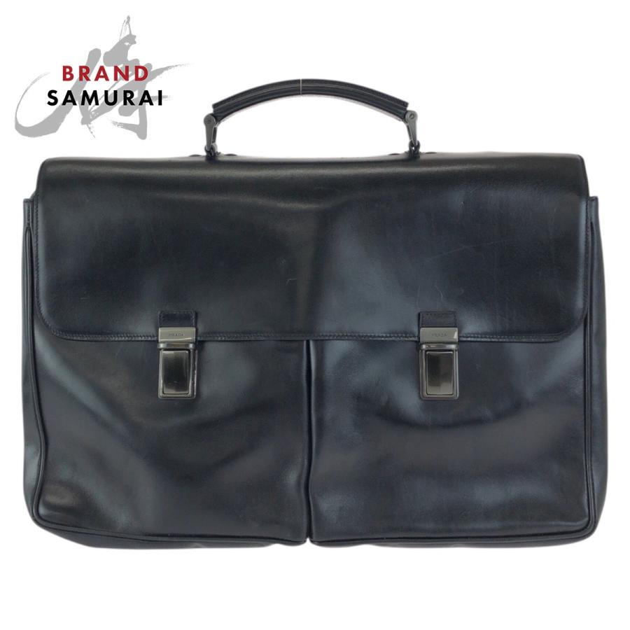 美品 PRADA プラダ ブラック 黒 ガンメタ金具 レザー ビジネスバッグ ブリーフケース メンズ 601730 【中古】 PRADA（プラダ） 美品 ブラック 黒 ガンメタ金具 レザー ビジネス