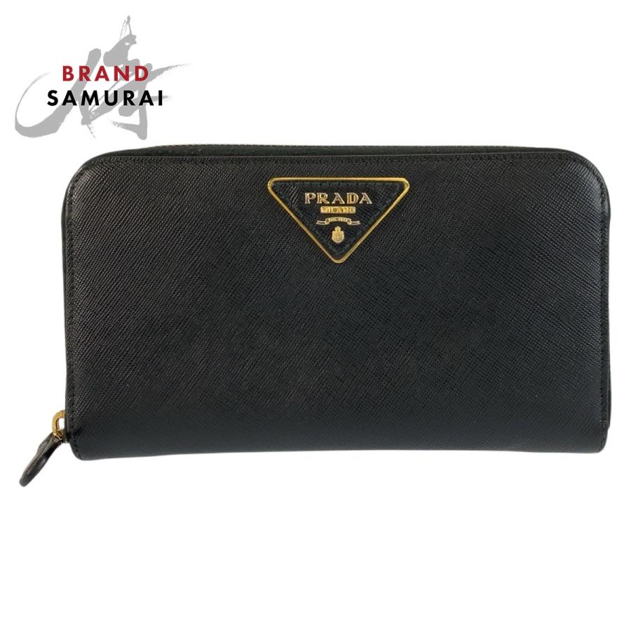 PRADA プラダ サフィアーノ 長財布 三角ロゴ ブラック PRADA（プラダ） 美品 サフィアーノ 三角ロゴプレート ブラック 黒