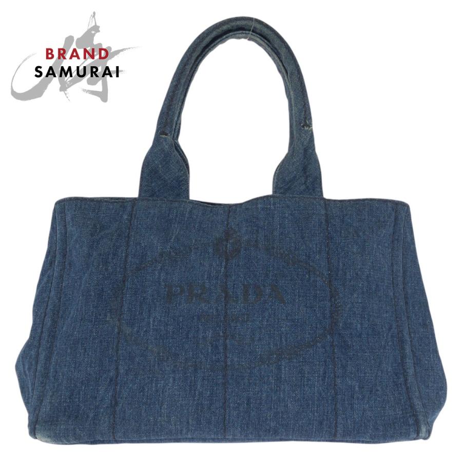 PRADA カナパ　サイズL デニム　三角ロゴプレート　トートバッグ　ブルー PRADA（プラダ） 美品 カナパ 三角ロゴプレート ブルー ゴールド金具