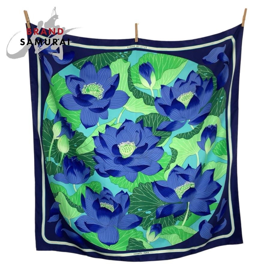 HERMES（エルメス） FLEURS DE LOTUS カレ90 ブルー シルク スカーフ