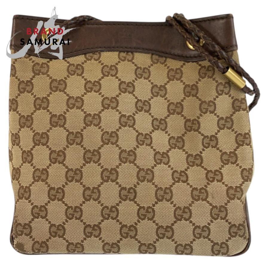 【GUCCI】メッセンジャーバッグ　ゴールド金具　レザー　ダークブラウン　A4 GUCCI（グッチ） ブラウン ベージュ ゴールド金具 GGキャンバス/レザー