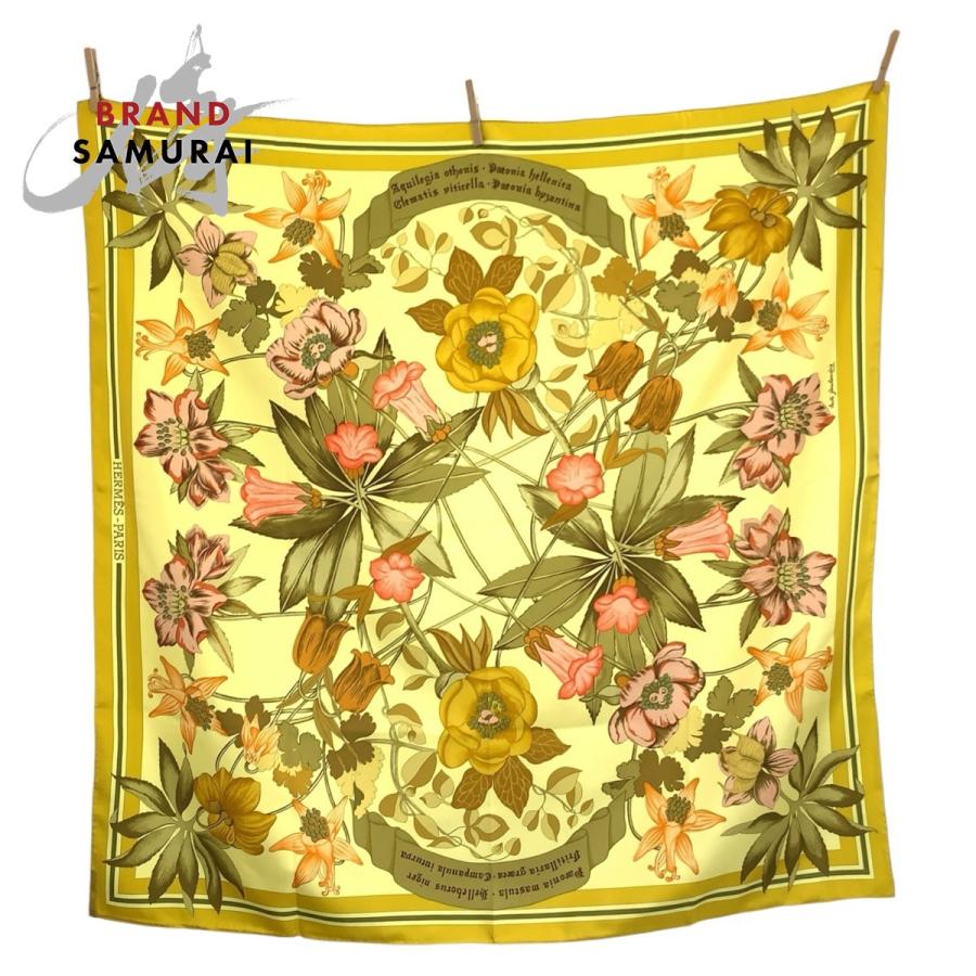 HERMES（エルメス） 美品 Fleurs d'Hellade カレ90 イエロー シルク