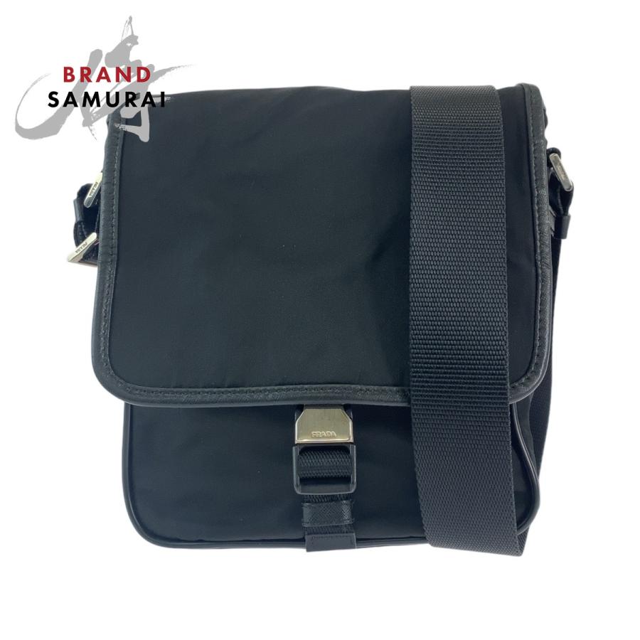 PRADA メッセンジャーバッグ 三角ロゴ テスートナイロン レザー ブラック PRADA（プラダ） テスート 三角ロゴプレート ブラック 黒 シルバー金具