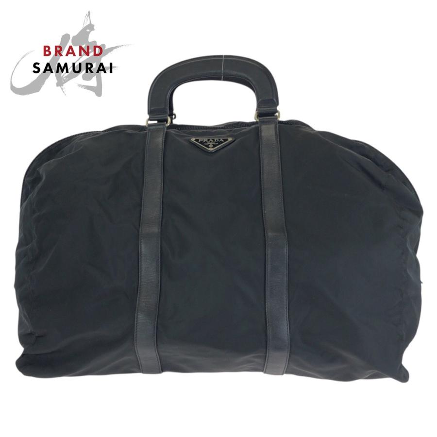 美品　PRADA ボストンバッグ　ナイロン　ブラック　サフィアーノ　三角プレート PRADA（プラダ） 美品 テスート サフィアーノ 三角ロゴプレート