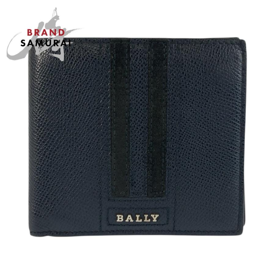 美品 BALLY バリー ネイビー シルバー金具 レザー 折り財布 コンパクトウォレット メンズ 604046 | Bally