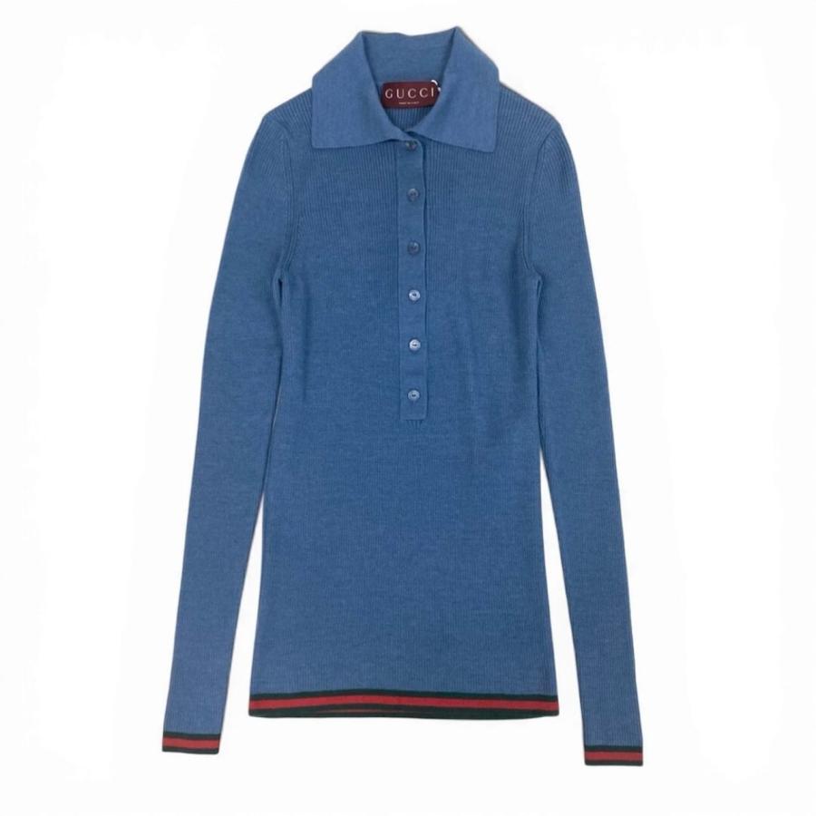 新品未使用 GUCCI グッチ 2026 シェリーライン ブルー カシミヤ/シルク ニットポロシャツ レディース A3-00006 新品の画像