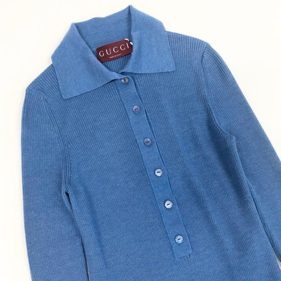 新品未使用 GUCCI グッチ 2026 シェリーライン ブルー カシミヤ/シルク ニットポロシャツ レディース A3-00006 新品の画像