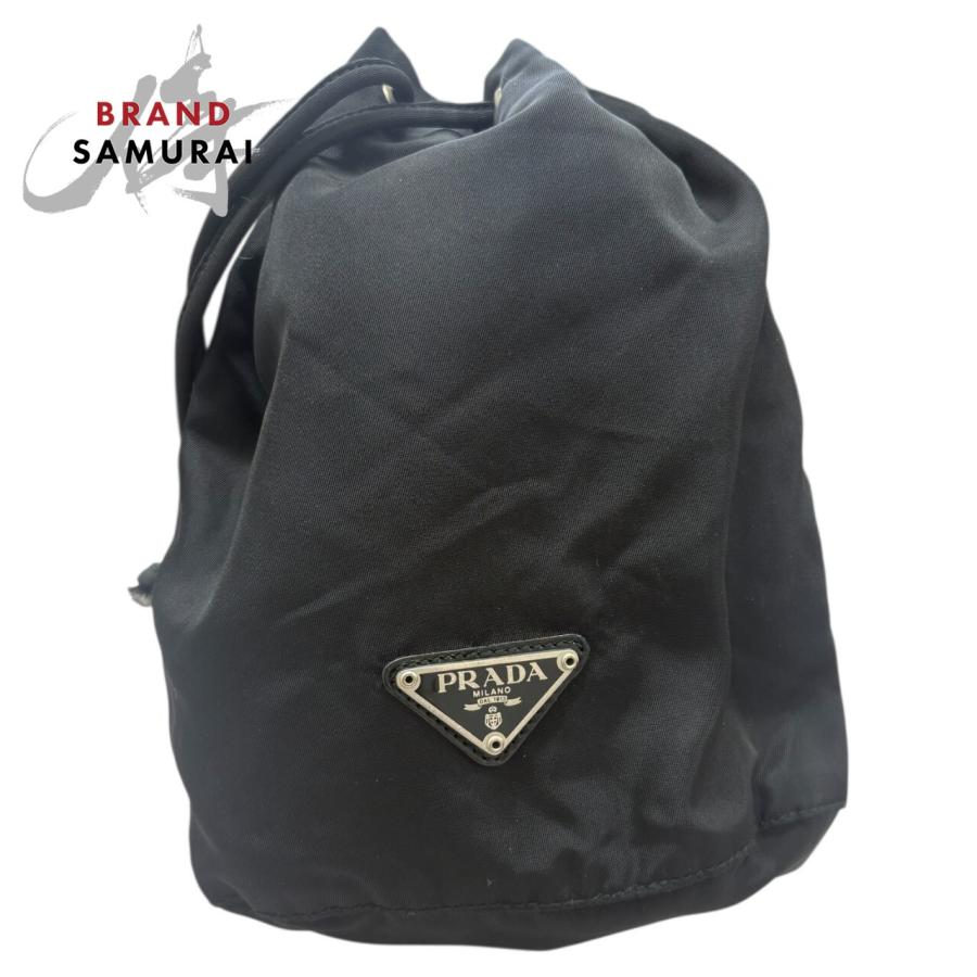 【良品・希少】プラダ☆ポーチ 三角プレート ナイロン テスート 巾着 ブラック PRADA（プラダ） 美品 テスート 三角ロゴプレート ブラック ナイロン