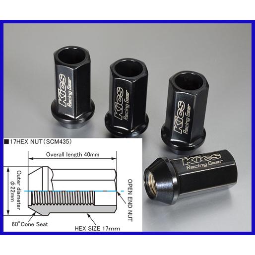 KICS レーシングナット L40 17HEX M12xP1.5 4Pack(16個) 貫通タイプ クロモリ製 KRN1BK |  | 01