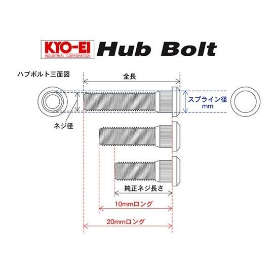KYO-EI ハブボルト M14×P1.5 長さ 55mm スプライン径 16.3mm 10