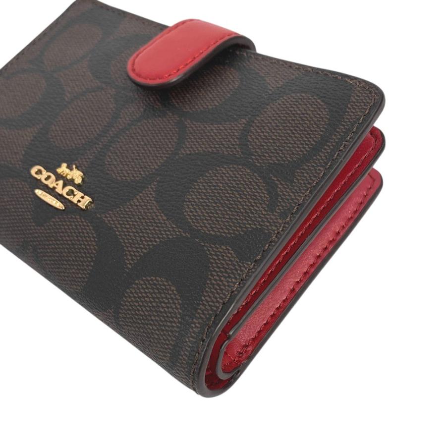 【新品】COACH 二つ折り財布ブラウン/レッドシグネチャー □新同□ コーチ 2つ折り ジップ 財布 シグネチャー レザー PVC