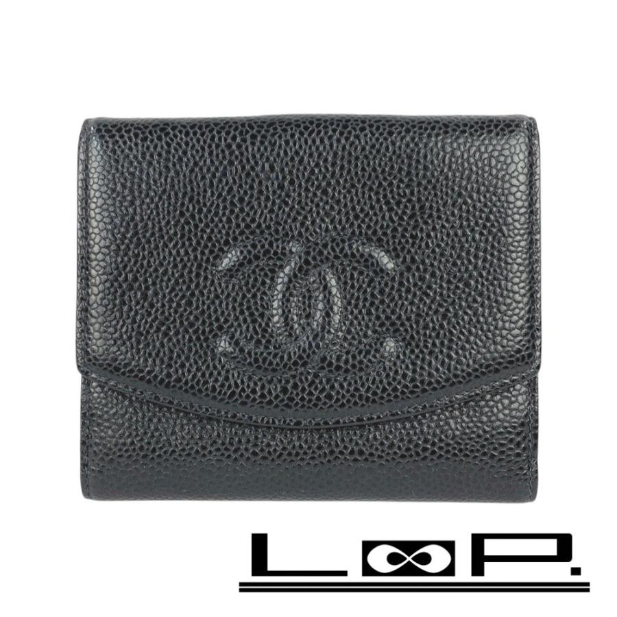 ■美品■　シャネル Wホック 二つ折り 財布 キャビアスキン レザー ブラック シール 【244742】★ □美品□ シャネル Wホック 二つ折り 財布 キャビアスキン レザー