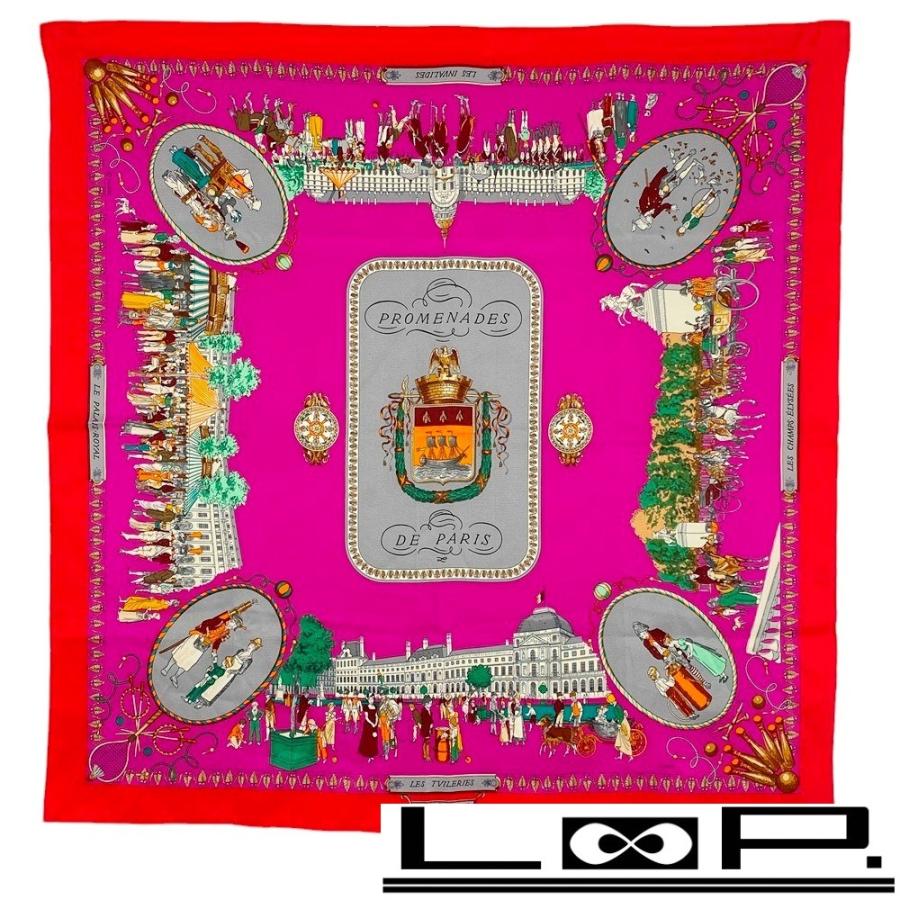 ■美品■　エルメス カレ 70 スカーフ PROMENADES DE PARIS ピンク レッド シルク 【287756】1 | 