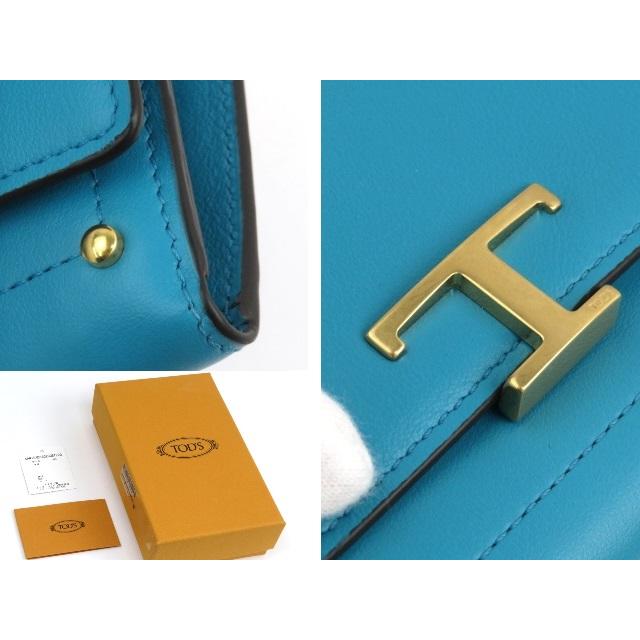 ■新同■　トッズ T タイムレス 三つ折り 財布 カーフ レザー ターコイズ 箱 【30581】 □新同□ トッズ T タイムレス 三つ折り 財布 カーフ レザー