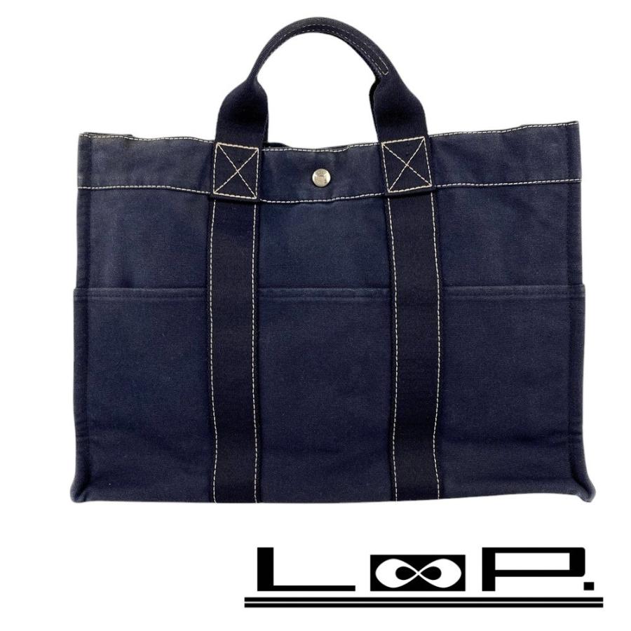 □中古□ エルメス ドーヴィル トート MM バッグ キャンバス ネイビー