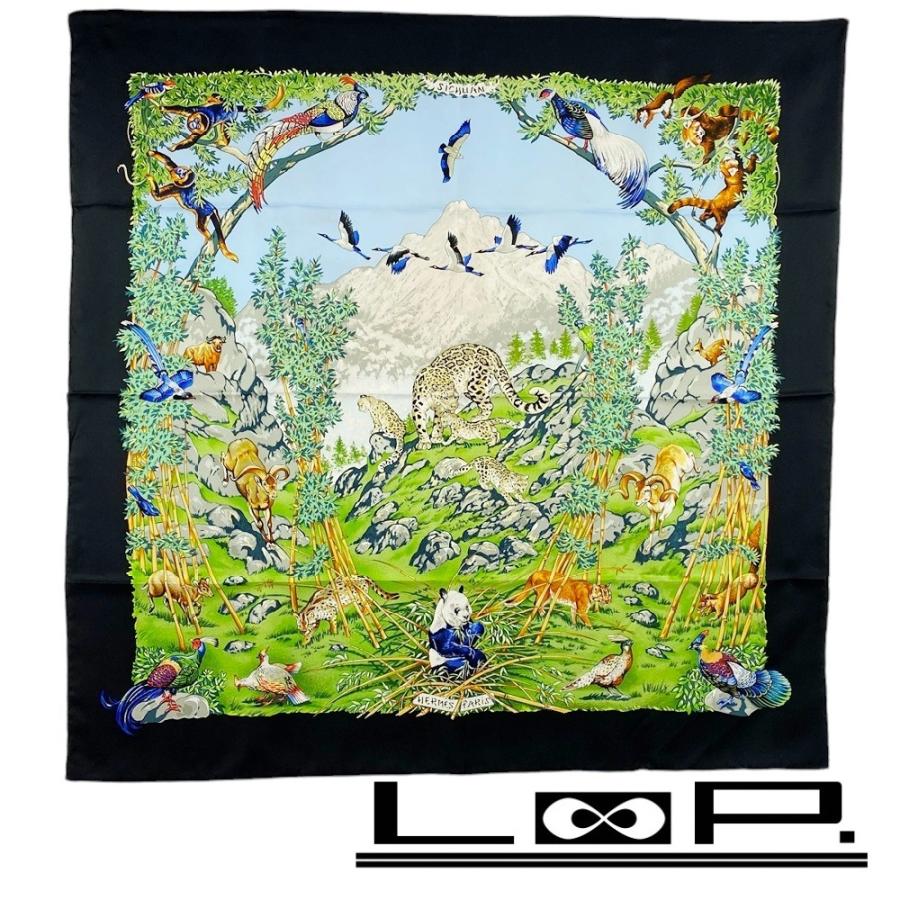 ■美品■　エルメス カレ 90 スカーフ SICHUAN 四川省 パンダ 動物 アニマル 竹 シルク ブラック グリーン 箱 【325991】5 | 