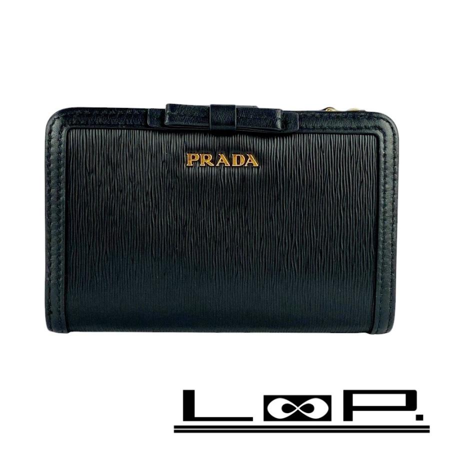 □美品□ プラダ 二つ折り 財布 コンパクト ウォレット ジップ リボン  