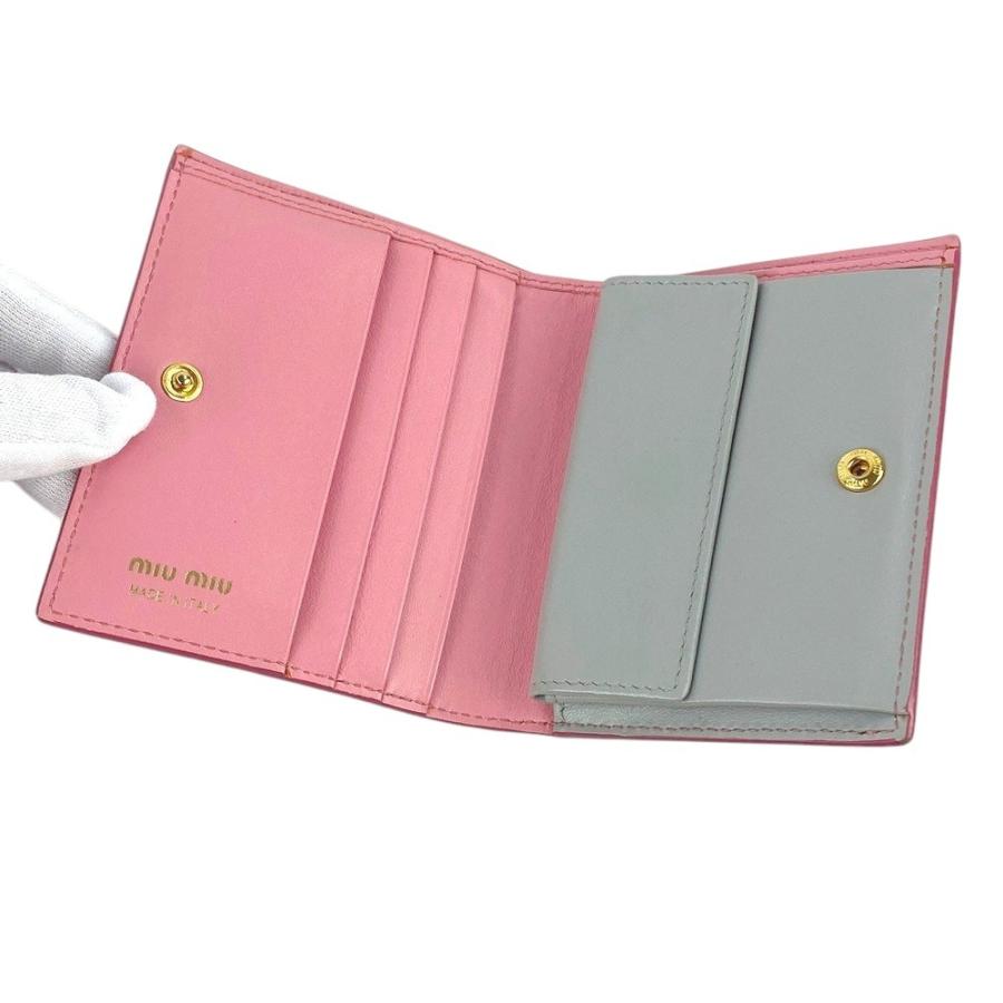 ■中古■　ミュウミュウ 二つ折り 財布 コンパクト レザー ピンク グレー 箱 【332814】8 □中古□ ミュウミュウ 二つ折り 財布 コンパクト レザー ピンク
