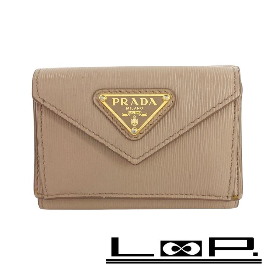 ■中古■　プラダ トライアングルロゴ 三つ折り 財布 ウォレット レザー ベージュ 【338946】2 | 